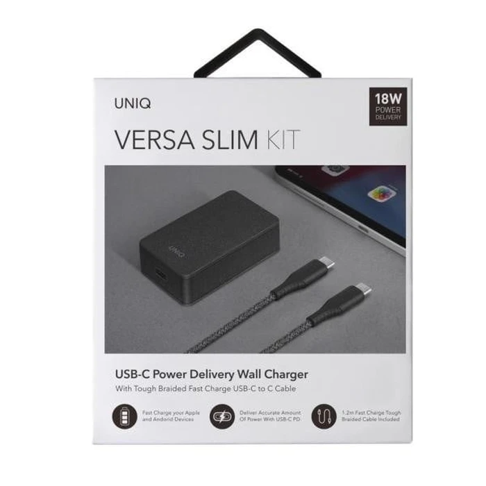UNIQ Wall charger Versa Slim USB-C PD 18W + USB-C to USB-C Cable charcoal black (LITHOS Collective)