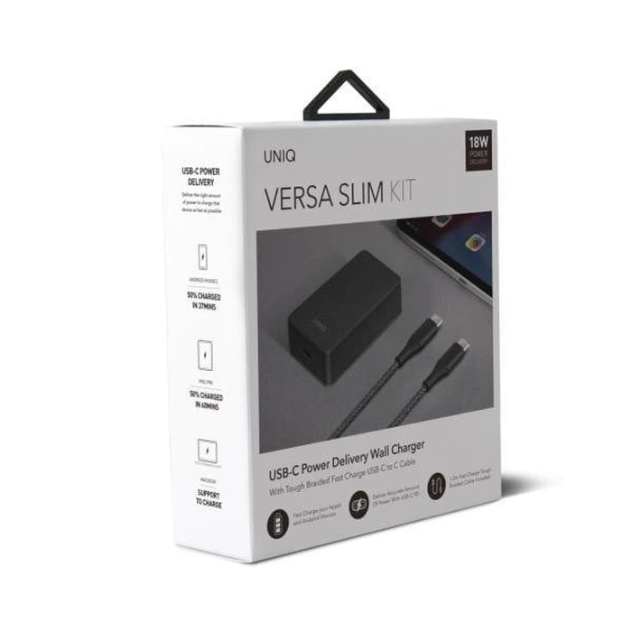 UNIQ Wall charger Versa Slim USB-C PD 18W + USB-C to USB-C Cable charcoal black (LITHOS Collective)