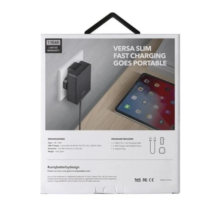 UNIQ Wall charger Versa Slim USB-C PD 18W + USB-C to USB-C Cable charcoal black (LITHOS Collective)