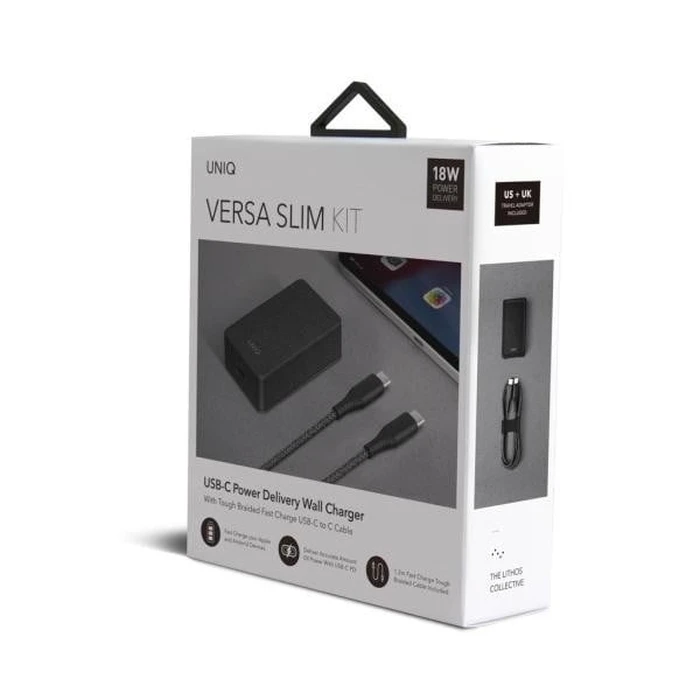 UNIQ Wall charger Versa Slim USB-C PD 18W + USB-C to USB-C Cable charcoal black (LITHOS Collective)