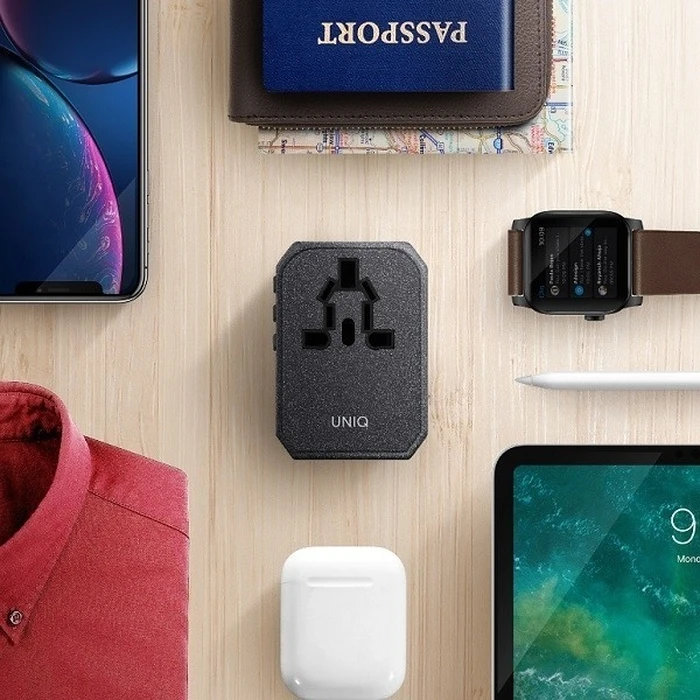 UNIQ Wall charger Voyage World Adapter 33W + 2xUSB + PD 18W + QC 3.0 charcoal grey (LITHOS Collective)