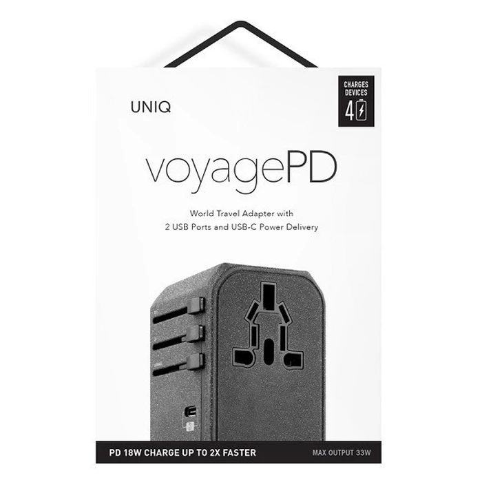 UNIQ Wall charger Voyage World Adapter 33W + 2xUSB + PD 18W + QC 3.0 charcoal grey (LITHOS Collective)