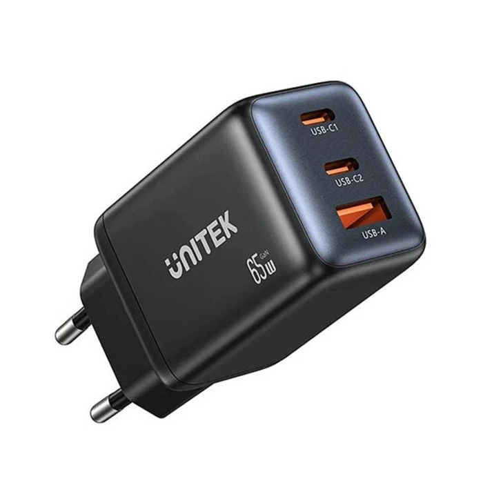 Unitek 3-θύρων φορτιστής δικτύου GaN 65W, 2x USB-C, 1x USB-A, PD 3.0, μαύρο (MPN P1130ABK01-EU)