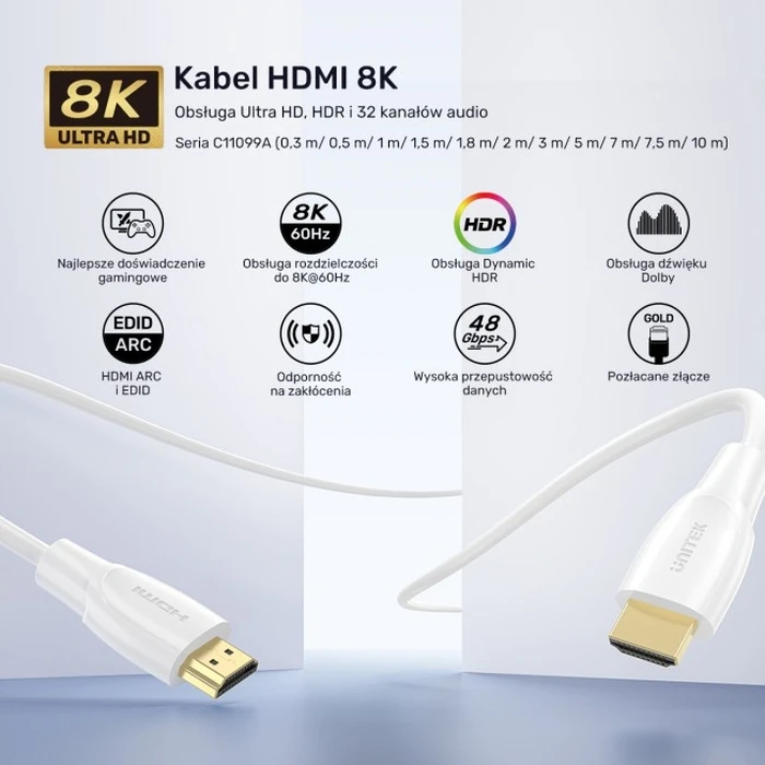 Unitek Καλώδιο HDMI 2.1 8K HDR λευκό 7 m