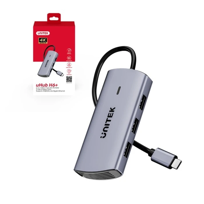 Unitek USB-C Docking Station 6σε1 Γκρι (D1113CGY01) - 3x USB-A, HDMI 4K@30Hz, RJ45, PD 100W