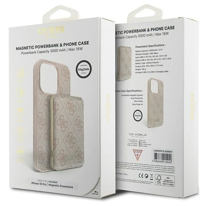 Guess GUBPM5P15L4GEMGP Apple iPhone 15 Pro hardcase + Powerbank 5000mAh MagSafe 4G Metal Logo pink