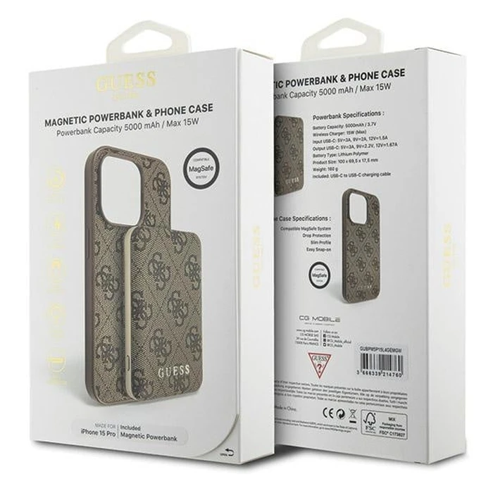 Guess GUBPM5P15L4GEMGW Apple iPhone 15 Pro hardcase + Powerbank 5000mAh MagSafe 4G Metal Logo brown
