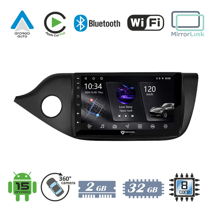 VenCore 3236-10005-0610B - Οθόνη Multimedia Android 15 9" PX5S Octa‑Core 2GB/32GB IPS με Πρόσοψη, CarPlay, Android Auto και Υποστήριξη Κάμερας 360° για Kia Ceed 2013-2017 – Μαύρη