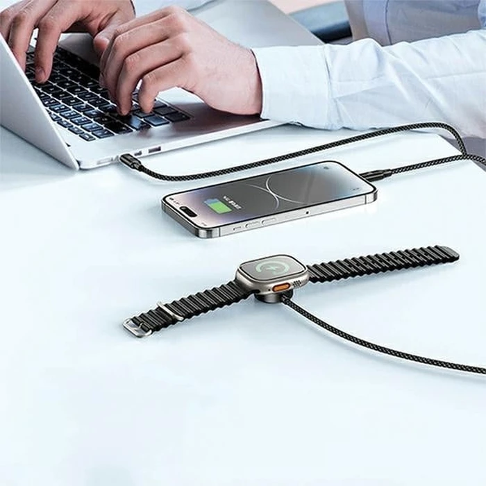 AWEI W23 cable 2in1 USB-C 100W / Lightning 10W / Watch 2.5W black
