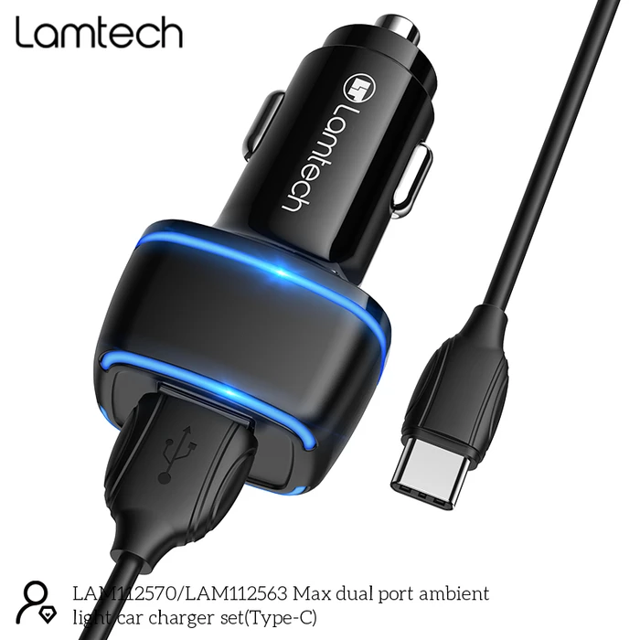 Φορτιστής Αυτοκινήτου Lamtech 2xUSB 2,4A With Type-C Cable 1M Black