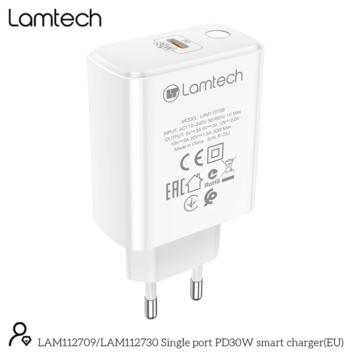 Φορτιστής Πρίζας Lamtech FAST Charger Type-C PD30W WHITE