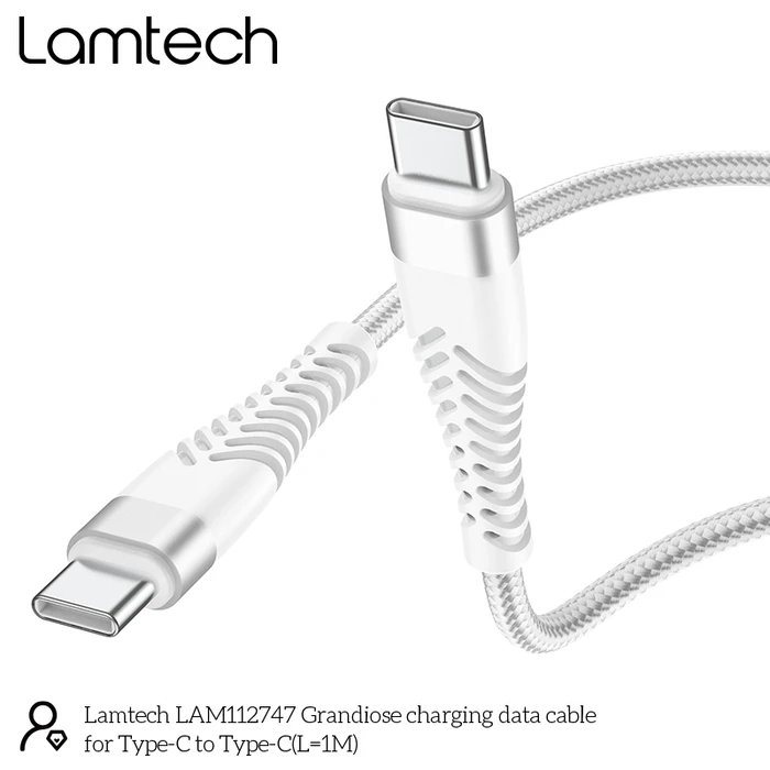 Καλώδιo USB Lamtech HQ UNBREAKABLE Type-C to Type-C WHITE 1M