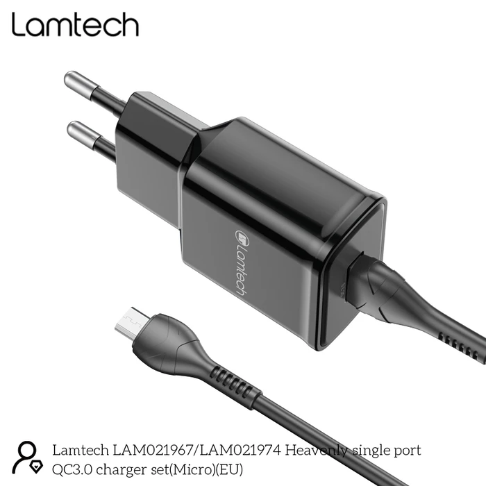 Φορτιστής Πρίζας Lamtech Quick Charger USB3.0 18W With Micro USB 1M Black