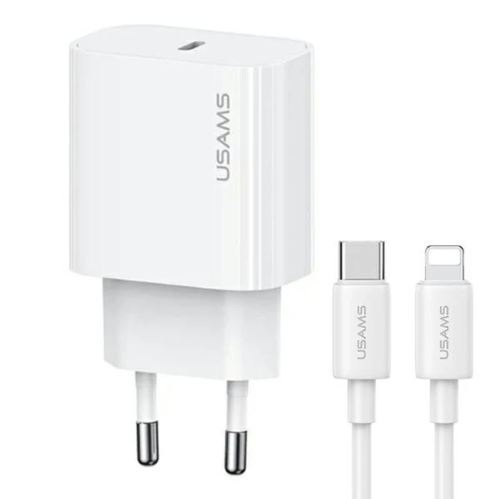 USAMS T65 US-CC226 wall charger USB-C PD 20W Fast Charging + USB-C / Lightning cable 30W white