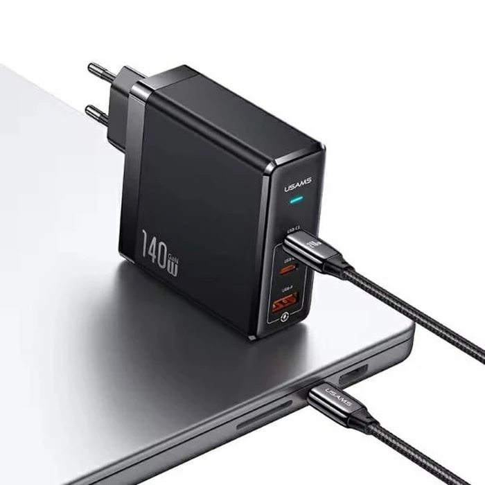 USAMS US-CC168 wall charger USB-A, 2xUSB-C T52 PD 140W Fast Charging + USB-C / USB-C cable 240W black