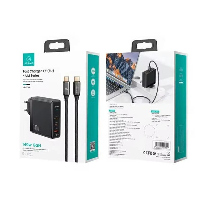 USAMS US-CC168 wall charger USB-A, 2xUSB-C T52 PD 140W Fast Charging + USB-C / USB-C cable 240W black