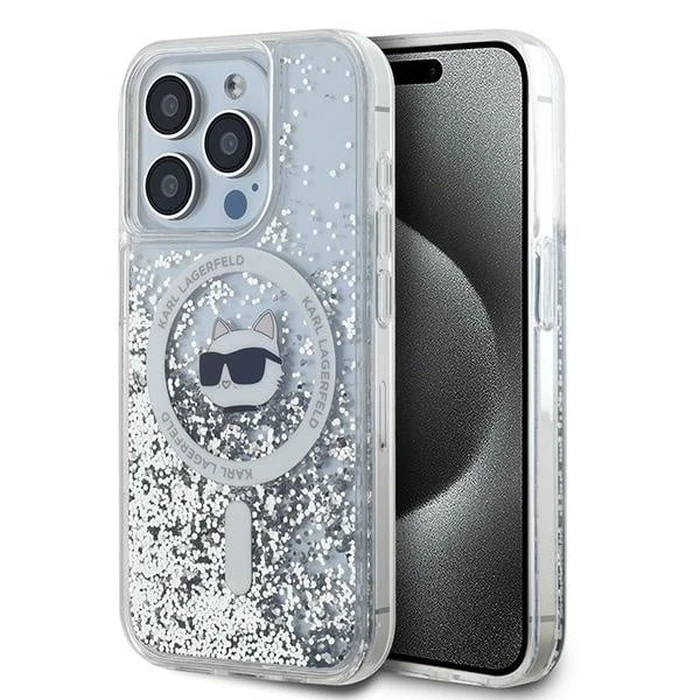 Karl Lagerfeld KLHMP15LLGCHSGH Apple iPhone 15 Pro hardcase Liquid Glitter Choupette Head Magsafe transparent