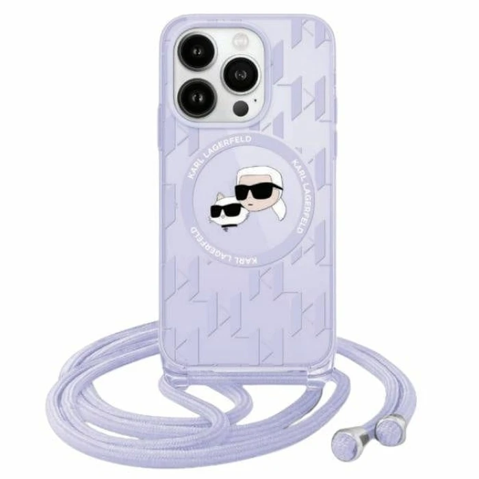 Karl Lagerfeld KLHMP15LHCKCKLCU Apple iPhone 15 Pro hardcase IML Crossbody Monogram Karl & Choupette Head MagSafe purple