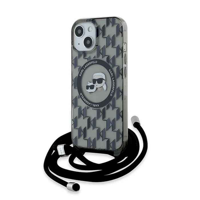 Karl Lagerfeld KLHMP15SHCKCKLCK Apple iPhone 15 / 14 / 13 hardcase IML Crossbody Monogram Karl & Choupette Head MagSafe black