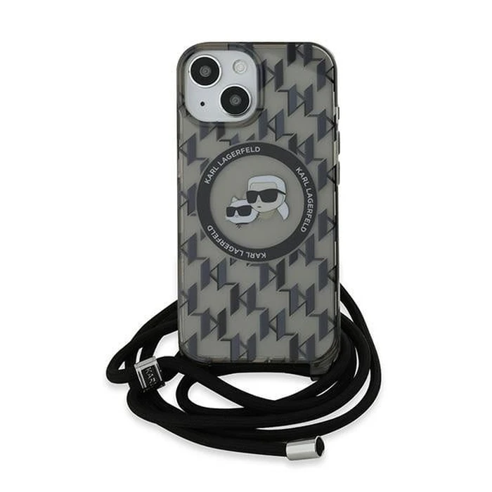 Karl Lagerfeld KLHMP15SHCKCKLCK Apple iPhone 15 / 14 / 13 hardcase IML Crossbody Monogram Karl & Choupette Head MagSafe black