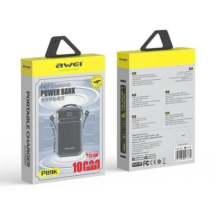 AWEI P89K powerbank 10000mAh 38,5W black + USB-C / Lightning cable