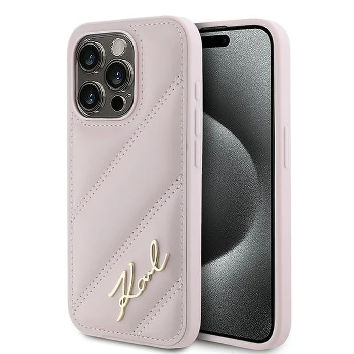 Karl Lagerfeld KLHCP15LPQDSMGP Apple iPhone 15 Pro hardcase Diagonal Quilted Script pink