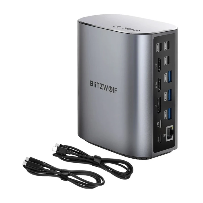 BlitzWolf USB-C Docking Station with HDMI/DisplayPort 4K PD Ethernet 3-Monitor Support Grey (BW-TH15)