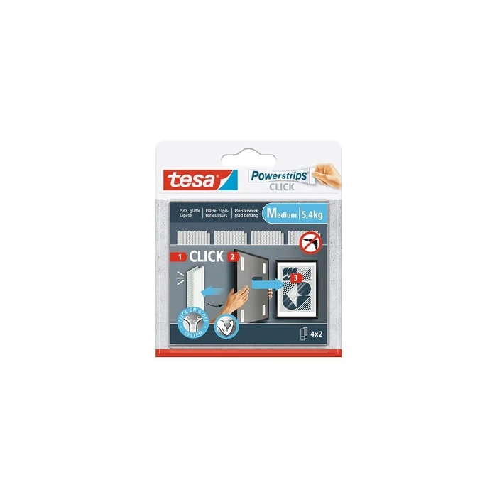 tesa Powerstrips CLICK medium, 5,4 kg — Αυτοκόλλητη ταινία βέλκρο (Klett), 4x2 τεμάχια