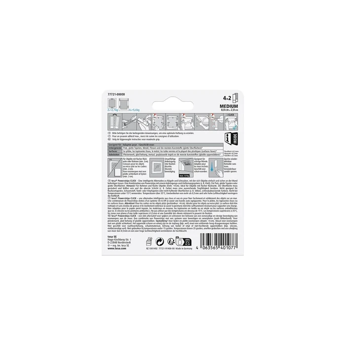 tesa Powerstrips CLICK medium, 5,4 kg — Αυτοκόλλητη ταινία βέλκρο (Klett), 4x2 τεμάχια