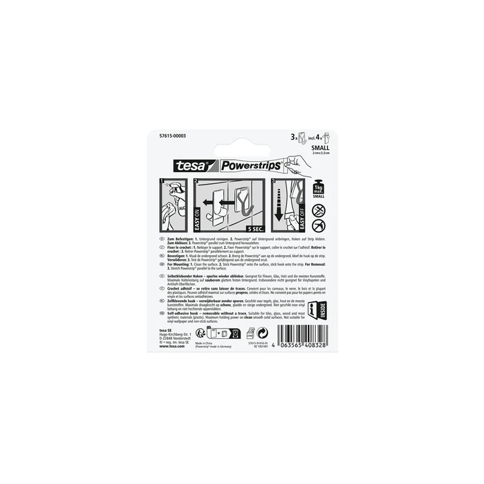tesa Powerstrips Αυτοκόλλητοι Γάντζοι με Αποσπώμενο Σύρμα 1 kg, 3τεμ, λευκό