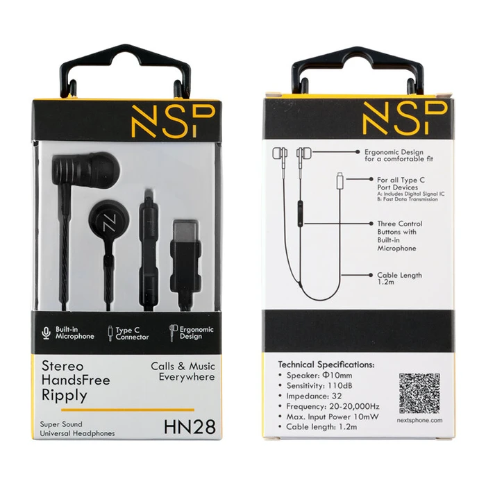 Handsfree Ακουστικά NSP RIPPLY HN28 Στέρεο Μαύρο 3.5mm On/Off Type-C 1.2m