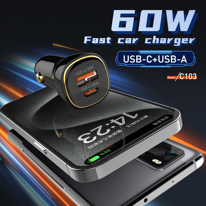 Ldnio φορτιστής αυτοκινήτου C103 με καλώδιο USB-C, USB/USB-C, 60W, μαύρος