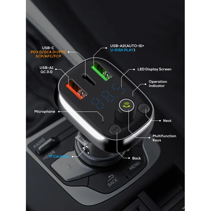 Ldnio Fm Transmitter & Φορτιστής C704q Usb-c/2x Usb 36w Bluetooth Μαύρο 5210131159965
