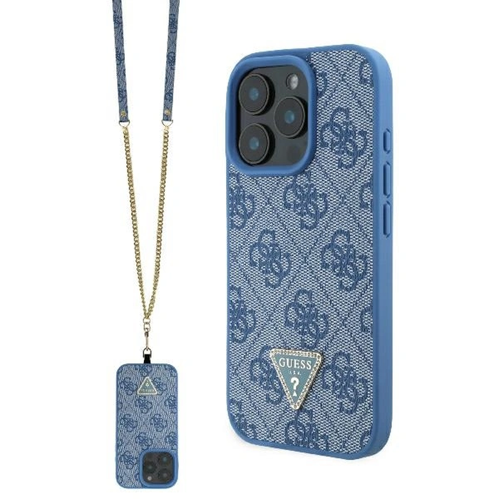 Case Guess GUHCP16LP4TDSCPB Apple iPhone 16 Pro hardcase Leather Metal Logo Strass Crossbody blue