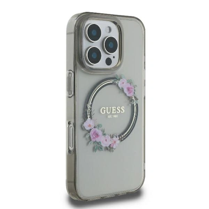 Case Guess GUHMP16LHFWFCK Apple iPhone 16 Pro hardcase IML Flowers Wreath MagSafe black