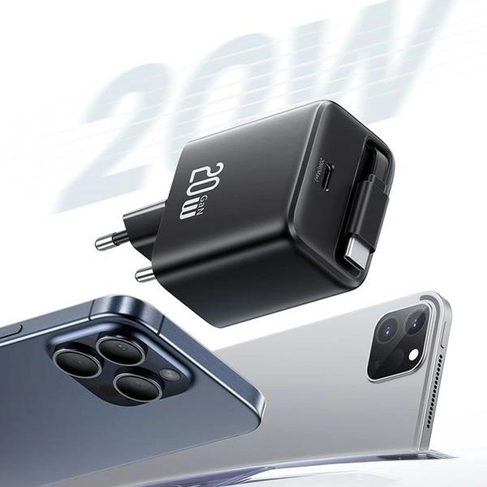 USAMS USB-C Wall Charger + Retractable USB-C Cable PD+QC 20W Gan Fast Charging Black YC Series