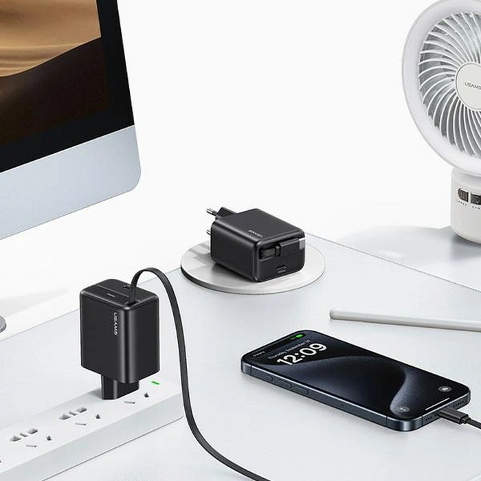 USAMS USB-C Wall Charger + Retractable USB-C Cable PD+QC 20W Gan Fast Charging Black YC Series
