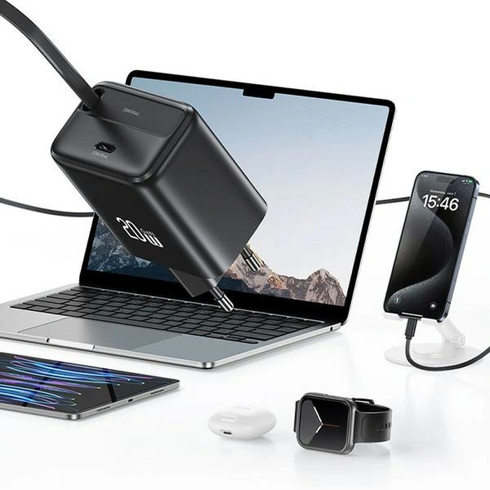 USAMS USB-C Wall Charger + Retractable USB-C Cable PD+QC 20W Gan Fast Charging Black YC Series