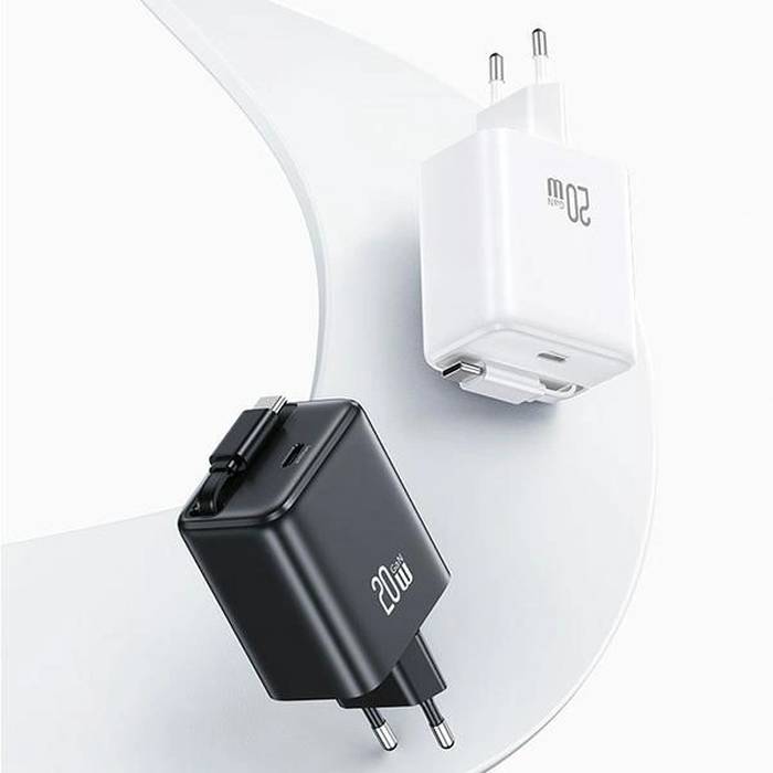 USAMS USB-C Wall Charger + Retractable USB-C Cable PD+QC 20W Gan Fast Charging Black YC Series