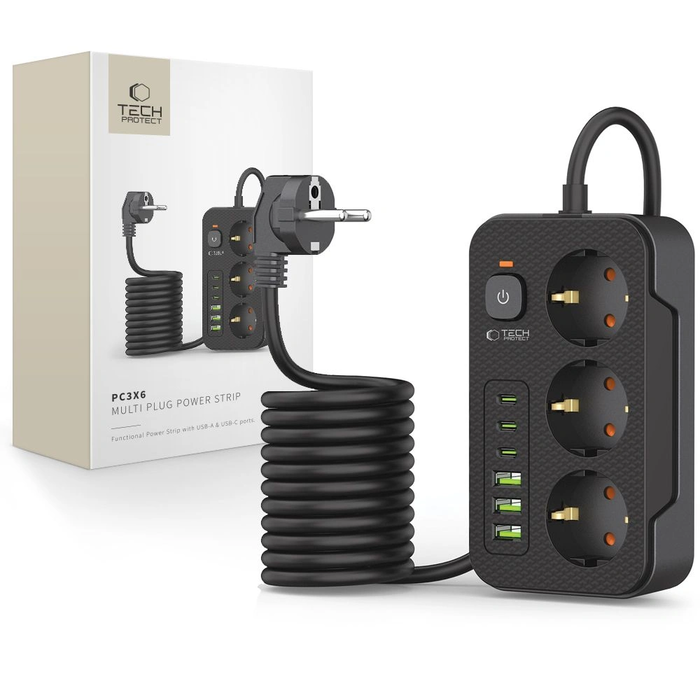 Tech-Protect PC3X6 Power Socket 3xUSB-A, 3xUSB-C, 3xAC 200cm Black