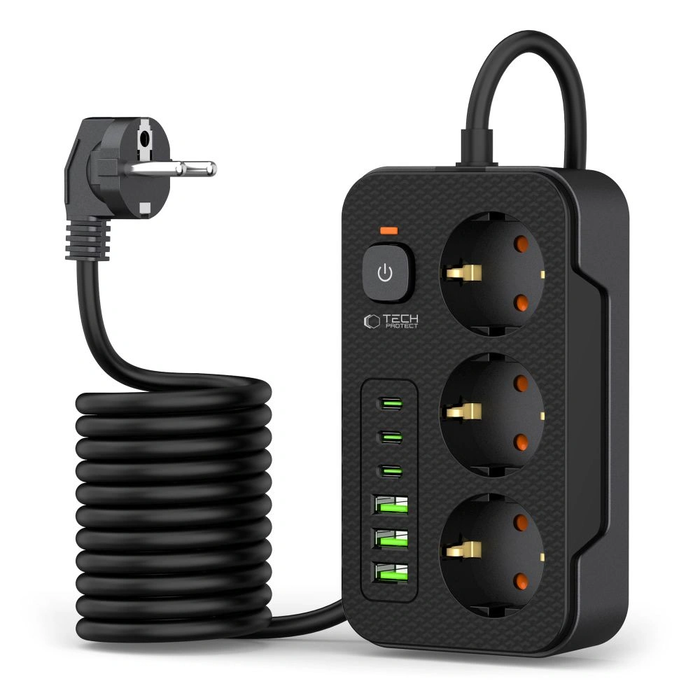 Tech-Protect PC3X6 Power Socket 3xUSB-A, 3xUSB-C, 3xAC 200cm Black
