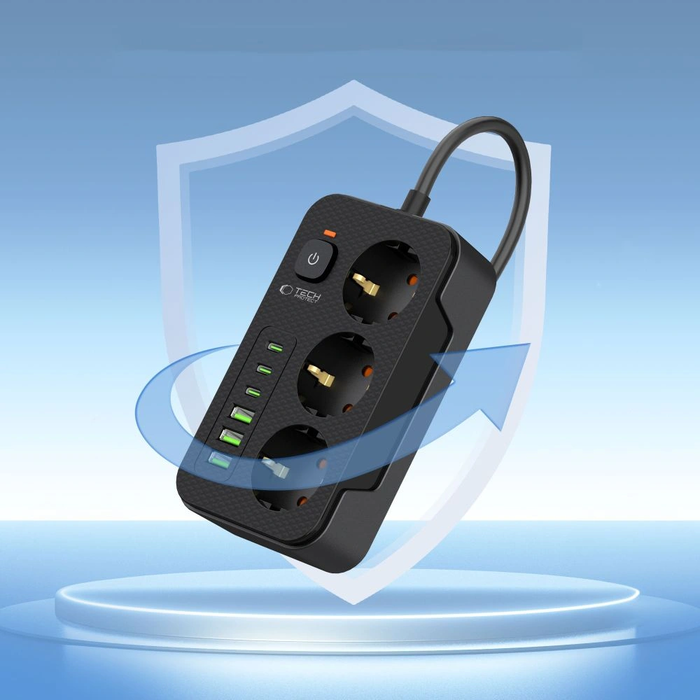 Tech-Protect PC3X6 Power Socket 3xUSB-A, 3xUSB-C, 3xAC 200cm Black