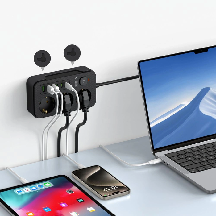 Tech-Protect PC3X6 Power Socket 3xUSB-A, 3xUSB-C, 3xAC 200cm Black