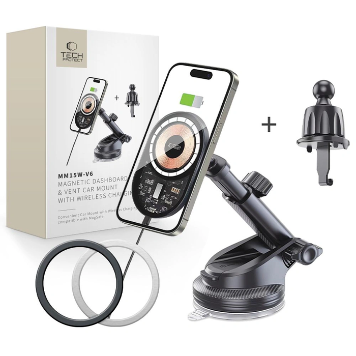Tech-Protect MM15W-V6 Magnetic MagSafe Dashboard & Vent Car Mount Wireless Charger 15W Black