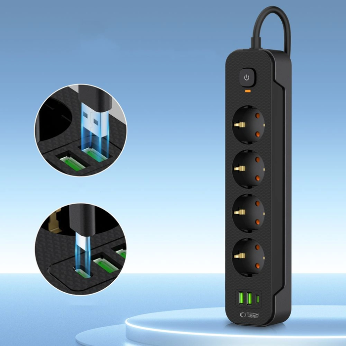 Tech-Protect PCL4X3 Power Socket Long 2xUSB-A, USB-C, 4xAC 200cm Black