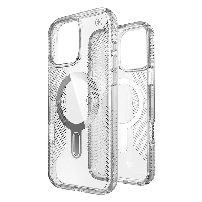 Speck Presidio Perfect-Clear Grip ClickLock & MagSafe Apple iPhone 16 Pro Max (Clear / Chrome Finish / Serene Silver)