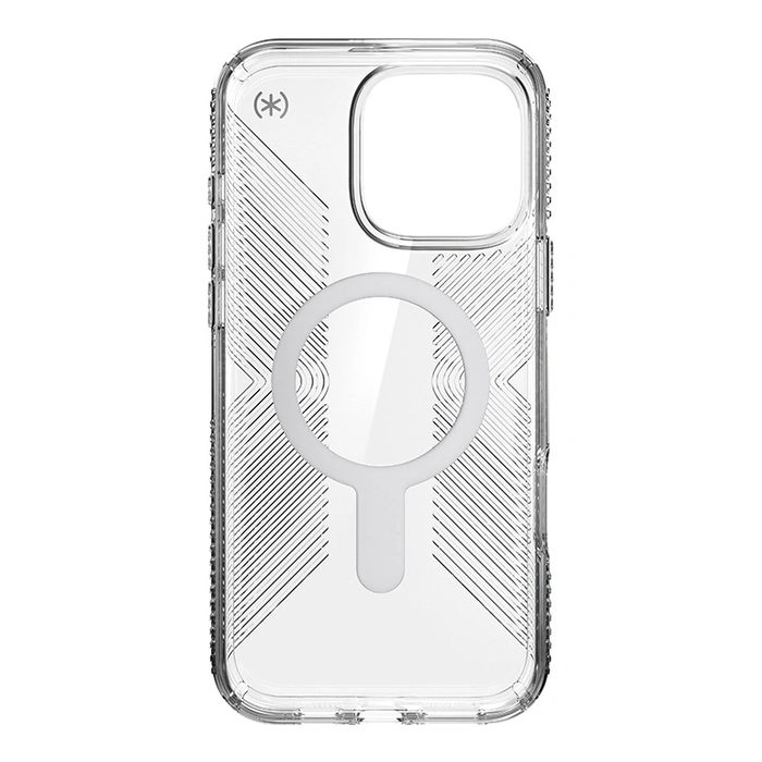 Speck Presidio Perfect-Clear Grip ClickLock & MagSafe Apple iPhone 16 Pro Max (Clear / Chrome Finish / Serene Silver)