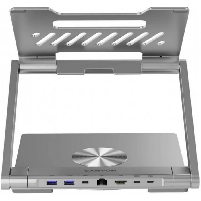 CANYON Laptop Stand with Integrated Hub (HDMI, 2×USB-A, RJ45, PD) — Silver