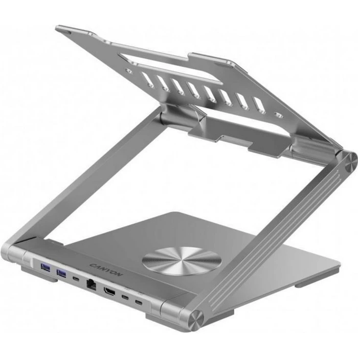 CANYON Laptop Stand with Integrated Hub (HDMI, 2×USB-A, RJ45, PD) — Silver