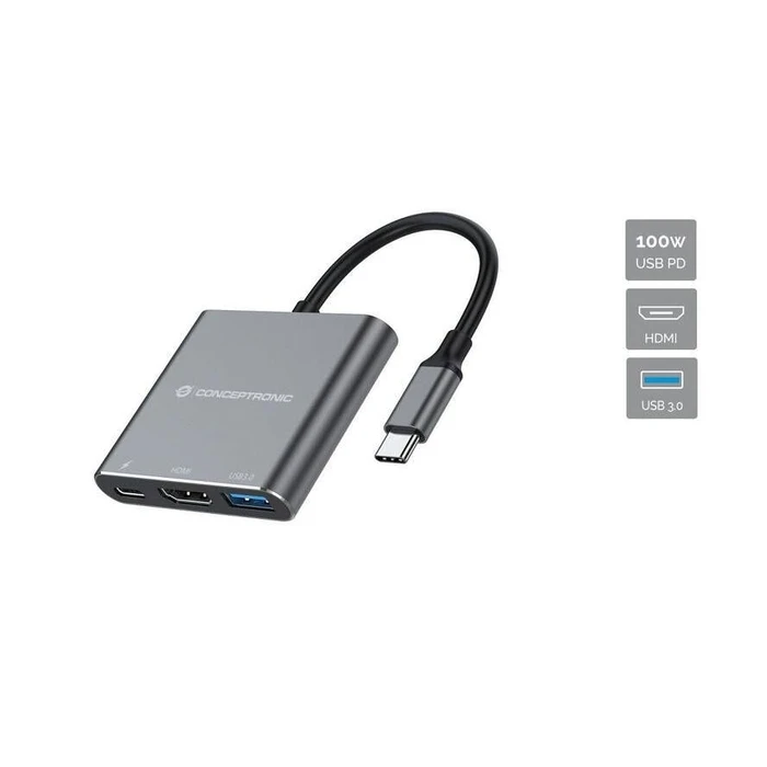 Docking Station Conceptronic USB-C ->HDMI,USB3.0,PD 0.25m(Grey)